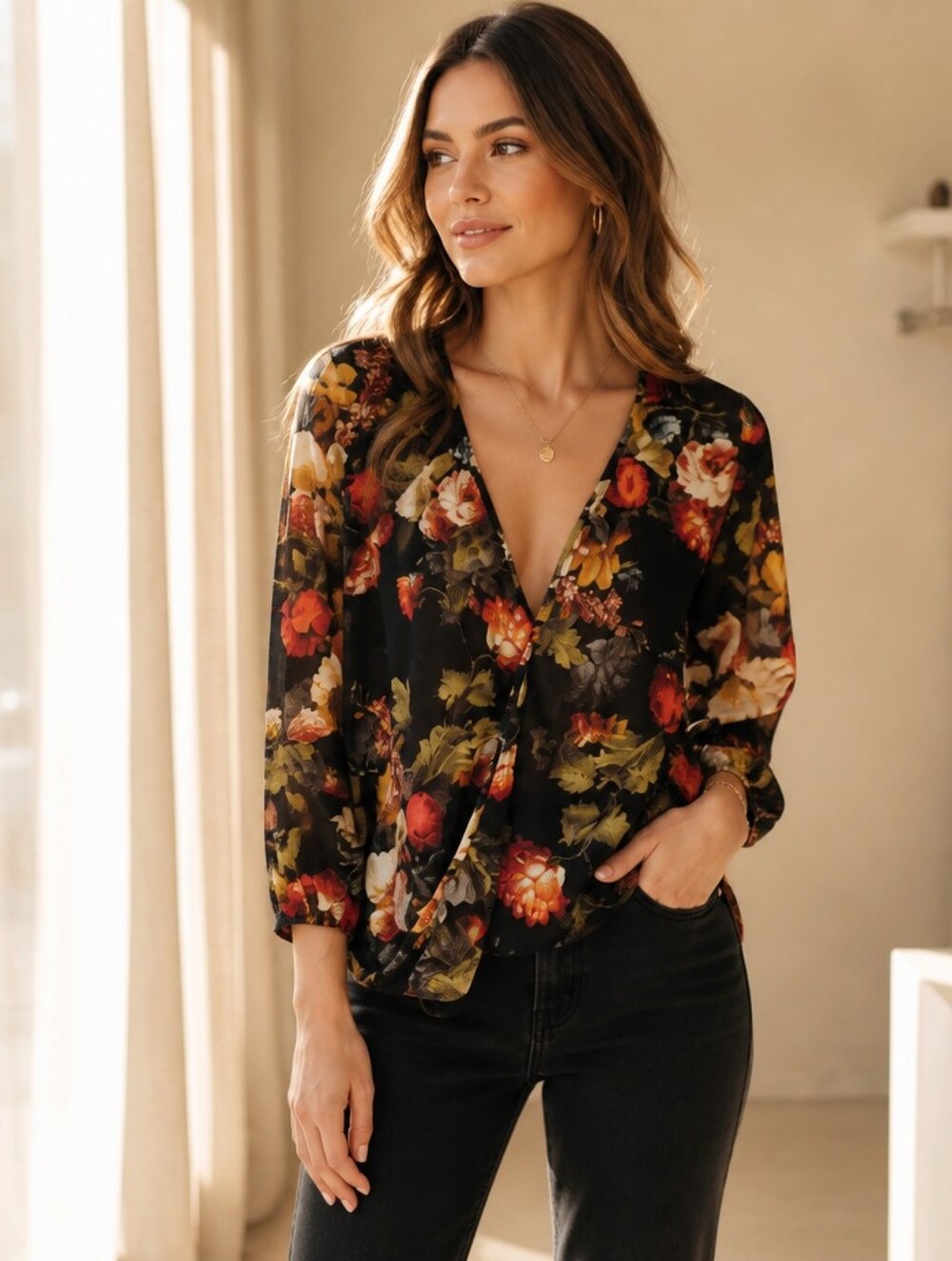Floral V-Neck Long Sleeve Blouse - Black & Autumn Floral